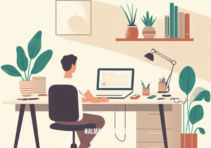 move mindfully _ Image: A tidy, organized workspace with a laptop and potted plants. Image description: The same person at the desk, now calm and focused, practicing mindful work.