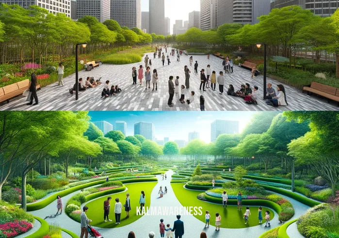 nature's corner at glass city landscape _ Image: A transformed park with lush greenery, clean paths, and families enjoying nature. Image description: The once polluted area is now a beautiful, thriving green space.