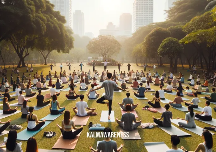 verge yoga _ Image: A group of people joining her in the park, forming a yoga class under the open sky. Image description: Others are drawn to the serenity, creating a community of yoga enthusiasts.