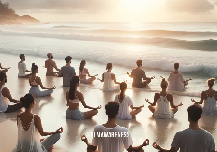 vitality meditation _ Image: A group of meditators practicing yoga on a tranquil beach at sunrise, with gentle waves and a soothing breeze, radiating a sense of inner peace.Image description: On a tranquil beach at sunrise, a group practices yoga and meditation, with the soothing sound of gentle waves and a cool breeze, exuding inner peace and serenity.