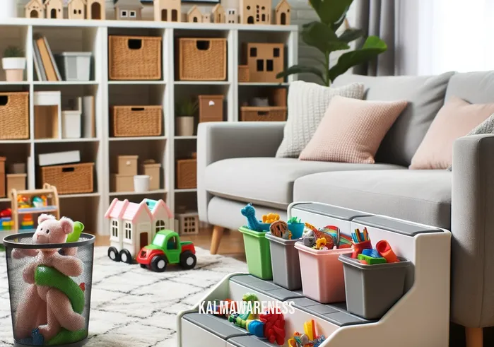 simple human step can _ Image: The same living room, now neatly organized with toys in bins and the "Simple Human Step Can" in place. Image description: The living room transformed into an organized space, thanks to the "Simple Human Step Can."