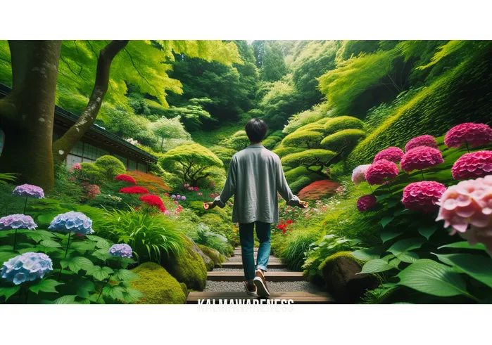 mindfully food cravings _ Image: A person engages in a mindful walking meditation outdoors, surrounded by lush greenery and blooming flowers. They take deliberate steps, connecting with nature. Image description: A connection with nature as a person practices mindful walking meditation to further overcome their food cravings, surrounded by vibrant flora.