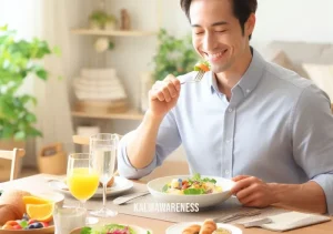 how mindfully manage food cravings _ Image: A satisfied person enjoying a balanced meal at a neatly set dining table with a smile of contentment.Image description: A person seated at a well-arranged dining table, relishing a balanced and satisfying meal, demonstrating successful mindful management of food cravings.