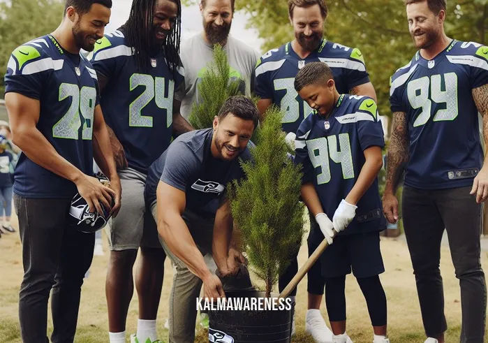 seahawks demonstration _ Image: A group of Seahawks players and community leaders planting trees together in a park as a symbol of their commitment to environmental and social progress.Image description: Seahawks players and leaders collaborate on a tree-planting initiative, fostering unity and positive change.