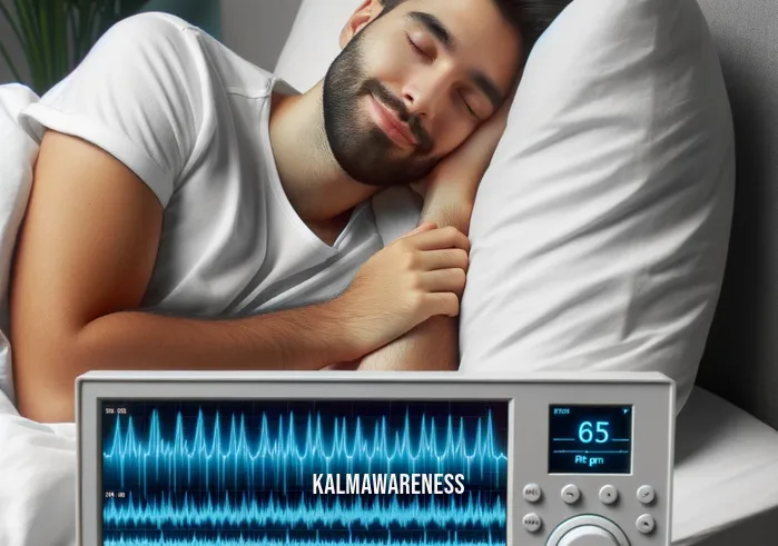 alpha sleep waves _ Image: A person in bed, now sleeping peacefully with a smile, as alpha sleep waves appear on a bedside monitor. Image description: A content individual sleeps soundly, their monitor showing the presence of alpha sleep waves.