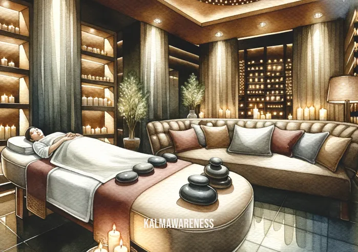 a-list relaxation _ Image: A luxurious spa with soft, dimmed lighting and a hot stone massage table.Image description: The parent is now receiving a soothing massage, a blissful expression on their face.