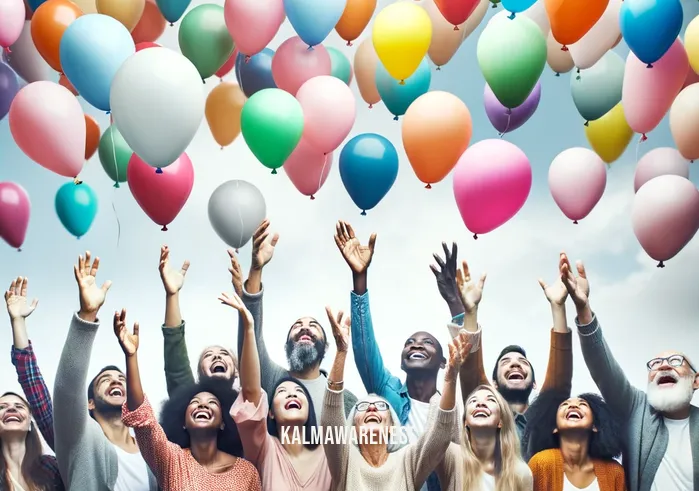 balloon meditation _ Image: A group of people releasing their balloons into the sky, smiles on their faces as the colorful orbs soar upward, carrying their troubles away.Image description: A moment of release and resolution as individuals let go of their worries, symbolized by the rising balloons, and find a sense of calm and clarity.