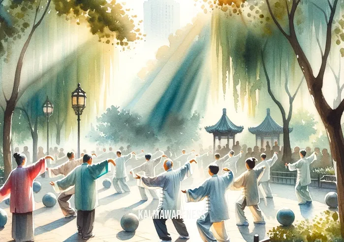 baoding balls benefits _ Image: A group of people in a park, each with Baoding balls, practicing Tai Chi together. Image description: A harmonious scene of people practicing Tai Chi with Baoding balls in a tranquil park setting.