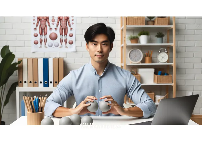 baoding balls use _ Image: Person confidently using Baoding balls, maintaining a calm composure, with an organized workspace in the background. Image description: A composed individual skillfully using Baoding balls, now with an organized workspace behind them.