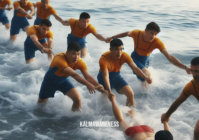 beach imagery _ Image: Lifeguards forming a human chain to rescue a struggling swimmer caught in the rip current. Image description: Several lifeguards link arms and wade into the water, determined to reach the distressed swimmer.