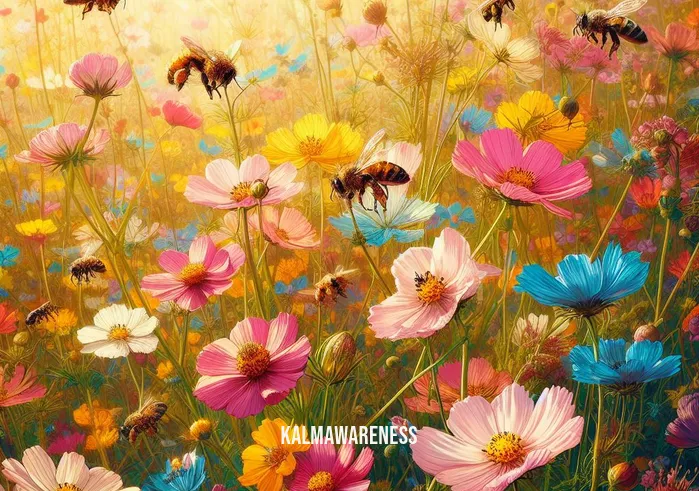 bees healing frequency _ Image: Vibrant wildflowers in full bloom, with bees buzzing around, pollinating with vigor. Image description: A flourishing meadow, as the healing frequencies are harnessed to revive pollinators.