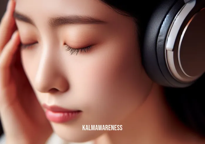 binaural beats headache relief _ Image: A close-up of a person wearing the headphones, eyes closed, with a tranquil expression as they listen to binaural beats.Image description: A young woman with closed eyes, wearing headphones and experiencing relief from her headache as she listens to calming binaural beats.