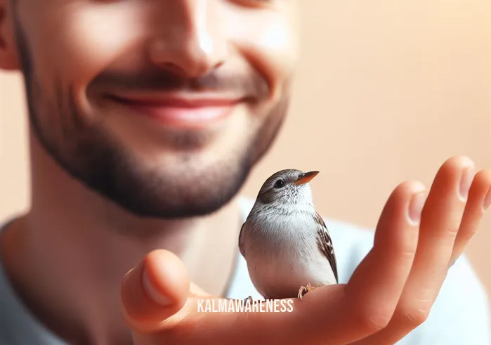 bird meditation _ Image: A close-up of a smiling person's face, eyes closed, as they meditate with a bird perched on their outstretched hand. Image description: In a heartwarming scene, a person meditates with their eyes closed, a genuine smile on their face as a friendly bird perches on their outstretched hand, signifying the resolution of their journey towards inner calm.
