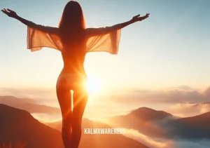 body positivity meditation _ Image: The woman, now glowing with self-assuredness, stands tall on a mountaintop at sunrise, arms outstretched, embodying body positivity and inner peace.Image description: At the summit of her journey, she basks in the first light of day, symbolizing her triumphant transformation through body positivity meditation.