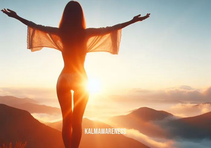 body positivity meditation _ Image: The woman, now glowing with self-assuredness, stands tall on a mountaintop at sunrise, arms outstretched, embodying body positivity and inner peace.Image description: At the summit of her journey, she basks in the first light of day, symbolizing her triumphant transformation through body positivity meditation.