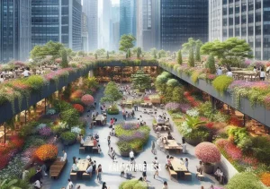 palpable in sentence _ Image: A busy urban rooftop garden flourishing with plants, offering a peaceful escape. Image description: A lush rooftop oasis filled with vibrant flowers and people relaxing on benches.