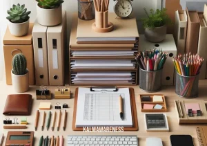 words for small things _ Image: The same desk now tidier, with neatly stacked papers and organized stationery.Image description: The same desk now tidier, with neatly stacked papers and organized stationery.