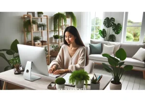 mind you _ Image: A serene and organized workspace with a neatly arranged desk and a person typing on their computer with a calm expression.Image description: A beautifully organized home office with a tidy desk, potted plants, and a person typing on their computer with a serene and content expression.