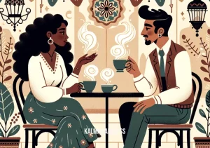 images of moods _ Image: The two friends engage in a deep conversation, seated in a cozy cafe, with warm cups of coffee.Image description: Seated in a cozy cafe, the two friends engage in a heartfelt conversation over warm cups of coffee.