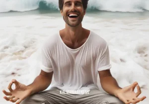 meditation joy _ Image: A joyful smile on the person's face as they meditate beside a beach, waves crashing in the background.Image description: With a joyful smile, the person now meditates on a sandy beach, the waves crashing behind them. Their inner joy is evident as they connect with the soothing rhythm of the ocean.