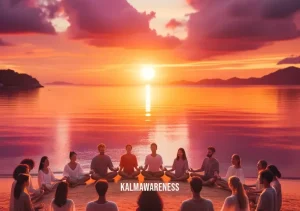 joy meditation _ Image: A group of people in a circle, meditating together on a tranquil beach at sunset. Image description: Sharing the joy of meditation, connecting with others in a harmonious setting.