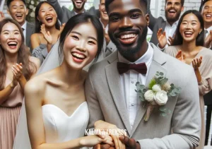 love everyone _ Image: An interracial couple holding hands and smiling, surrounded by supportive friends and family at their wedding. Image description: Love knows no boundaries as an interracial couple celebrates their wedding, embraced by their loved ones.