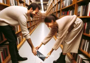 soulmate illustration _ Image: A chance encounter at a bookstore, where the man helps the woman pick up fallen books.Image description: In a cozy bookstore aisle, the man and woman both reach for the same book, causing it to fall. They share a laugh as he helps her pick it up, their eyes meeting for the first time.