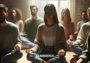 reclaim your brain _ Image: A mindfulness meditation session in progress with people sitting in a circle, eyes closed, and a calming atmosphere filled with soft lighting and soothing music.Image description: A group of individuals participating in a mindfulness meditation session, seated in a circle, eyes closed, enveloped by a serene environment with gentle illumination and relaxing music.