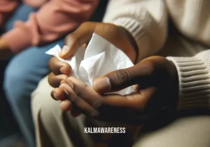 therapy office waiting room _ Image: A close-up of a person's hands holding a tissue, indicating a moment of emotional release. Image description: The atmosphere is filled with empathy as therapy begins to help individuals process their emotions.