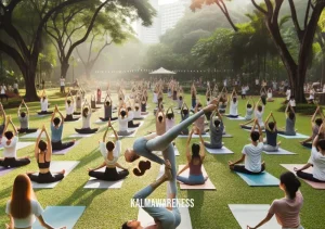 train your pain _ Image: A group of people in a park doing yoga, focusing on stretching and flexibility. Image description: A diverse group in a serene park, participating in a yoga session, improving flexibility.
