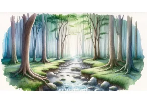 detachment from overthinking _ Image: A serene landscape with a calm river flowing through a lush forest, symbolizing inner peace and mental clarity.Image description: A tranquil forest scene with a gentle river winding through, offering a sense of calm and serenity, contrasting the previous images of overthinking.