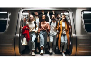 emotional rush _ Image: Passengers exiting the subway, smiles on their faces. Image description: The emotional rush of finally reaching their destinations, the day's troubles behind them.