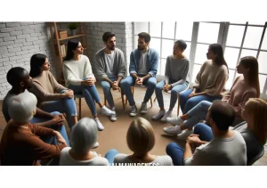 how to sit with uncomfortable feelings _ Image: A support group meeting, where the person shares their experiences with others, sitting in a circle, offering and receiving empathy.Image description: The person participates in a support group, sitting in a circle with diverse individuals who listen attentively. They share their experiences and emotions openly, creating a safe, empathetic atmosphere.