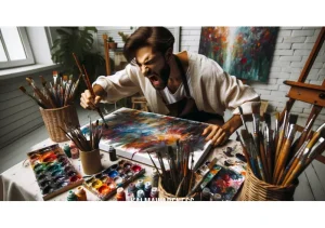 seat of emotions _ Image: A person engaged in a creative activity, surrounded by art supplies, expressing their emotions through painting. Image description: A transformative moment where someone channels their emotions into art, using vibrant colors and bold strokes to convey their inner world.