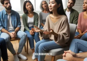 mindful healing heart _ Image: The individual attending a support group, sharing experiences with others. Image description: A group of people sitting in a circle, the person sharing their thoughts and experiences in a supportive atmosphere.