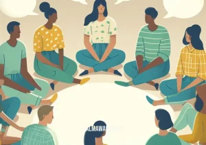 take a minute to breathe _ Image: A group of diverse individuals sitting in a circle, sharing thoughts. Image description: Participants engaged in a mindfulness workshop, finding solace in each other's presence.