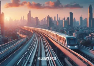 going on and on _ Image: A cityscape at sunset, showcasing a new, expanded subway line. Image description: Modern, spacious trains smoothly move on elevated tracks, offering a comfortable ride.