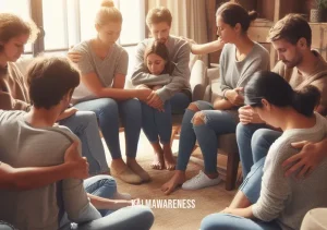 grieving mindfully _ Image: A support group meeting in a cozy living room, people sitting in a circle, offering empathetic listening and warm embraces.Image description: Grieving individuals, now embracing mindful connections, gather in supportive communities to share their feelings and find strength in each other's presence.