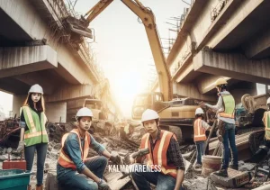 here's the attention you were looking for _ Image: Construction workers repairing and upgrading a crumbling bridge. Image description: Workers in hard hats and safety vests, using heavy machinery and tools to fix the damaged structure.