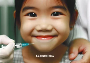 joy in cursive _ Image: A close-up of a young girl's smiling face as she receives a vaccination. Image description: A young girl smiles with hope as she receives a vaccination, symbolizing progress in overcoming challenges.