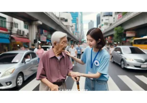 kindfulness _ Image: A volunteer helping an elderly person cross the street, demonstrating kindness and compassion.Image description: A young volunteer assisting an elderly person, guiding them safely across the bustling road.
