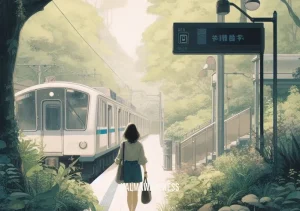 looking out for yourself _ Image: The woman exits the train station and walks into a peaceful park. Image description: Stepping out into the serene park, she leaves the chaos behind, seeking tranquility in nature.