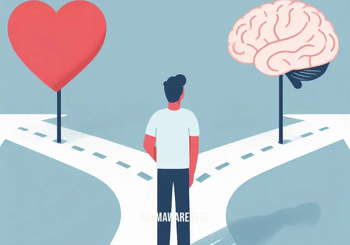 mind over heart meaning _ Image: A person stands at a crossroads, one path leading to a heart symbol, and the other to a brain symbol, looking uncertain. Image description: A person faces a choice, torn between following their heart or their mind