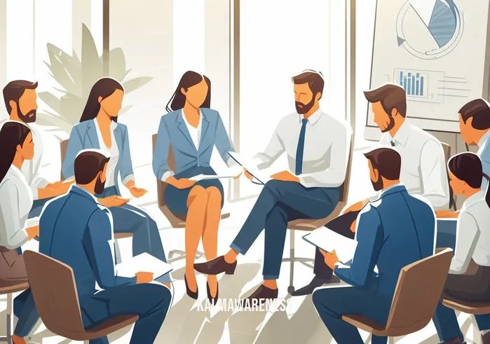 mindful llc _ Image: A group of employees gathered in a meeting room, discussing their work challenges. Image description: Employees sit in a circle, engaged in a discussion, sharing their concerns and frustrations.
