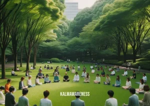 mindfulness speech _ Image: A serene park with individuals sitting cross-legged in a circle, eyes closed, engaged in deep meditation. Image description: People sitting peacefully in a park, practicing mindfulness meditation in a circle, finding calm.
