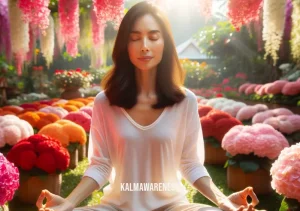 minds like mirrors _ Image: A person sitting in a peaceful, sunlit garden, surrounded by blooming flowers, with a serene expression while meditating.Image description: Amidst the tranquil beauty of nature, meditation offers a moment of mental clarity and peace.