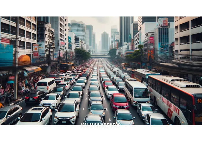 movement sentence _ Image: A crowded city street during rush hour. Image description: People are stuck in heavy traffic, frustrated expressions on their faces.