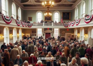 new england personality _ Image: A community meeting in a small New England town, people gathered in a town hall. Image description: Local residents engaged in a passionate discussion about their town's future.