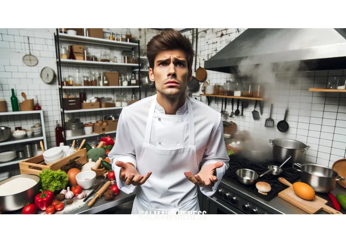 non reactivity _ Image: A concerned chef looking at the chaotic scene, trying to figure out how to regain control.Image description: A chef in a white apron, looking worriedly at the chaotic kitchen, assessing the situation.