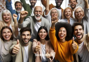 say this sentence _ Image: A celebratory scene with smiling faces, as people raise their hands in success. Image description: The group is now rejoicing, having successfully resolved the problem they were facing.
